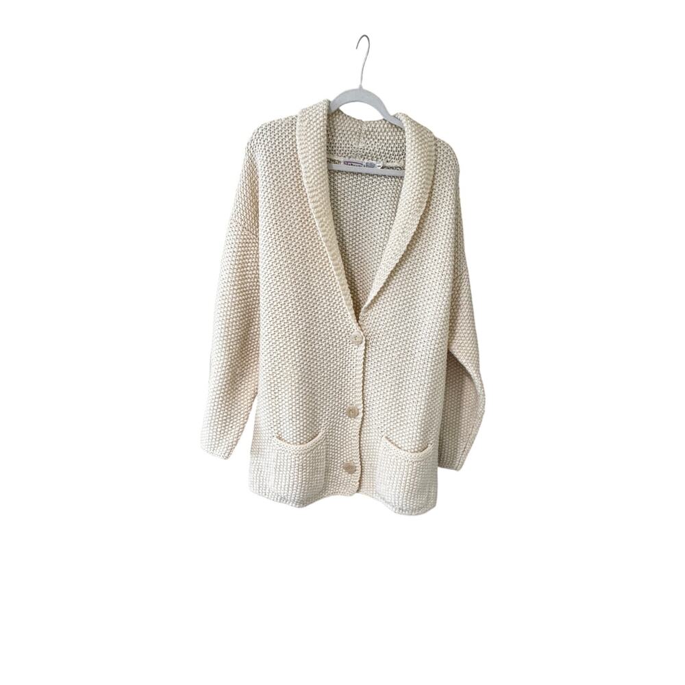 Vintage Talbots Womens M 100% Wool Handmade Cardigan Ivory Oversized Chunky Knit